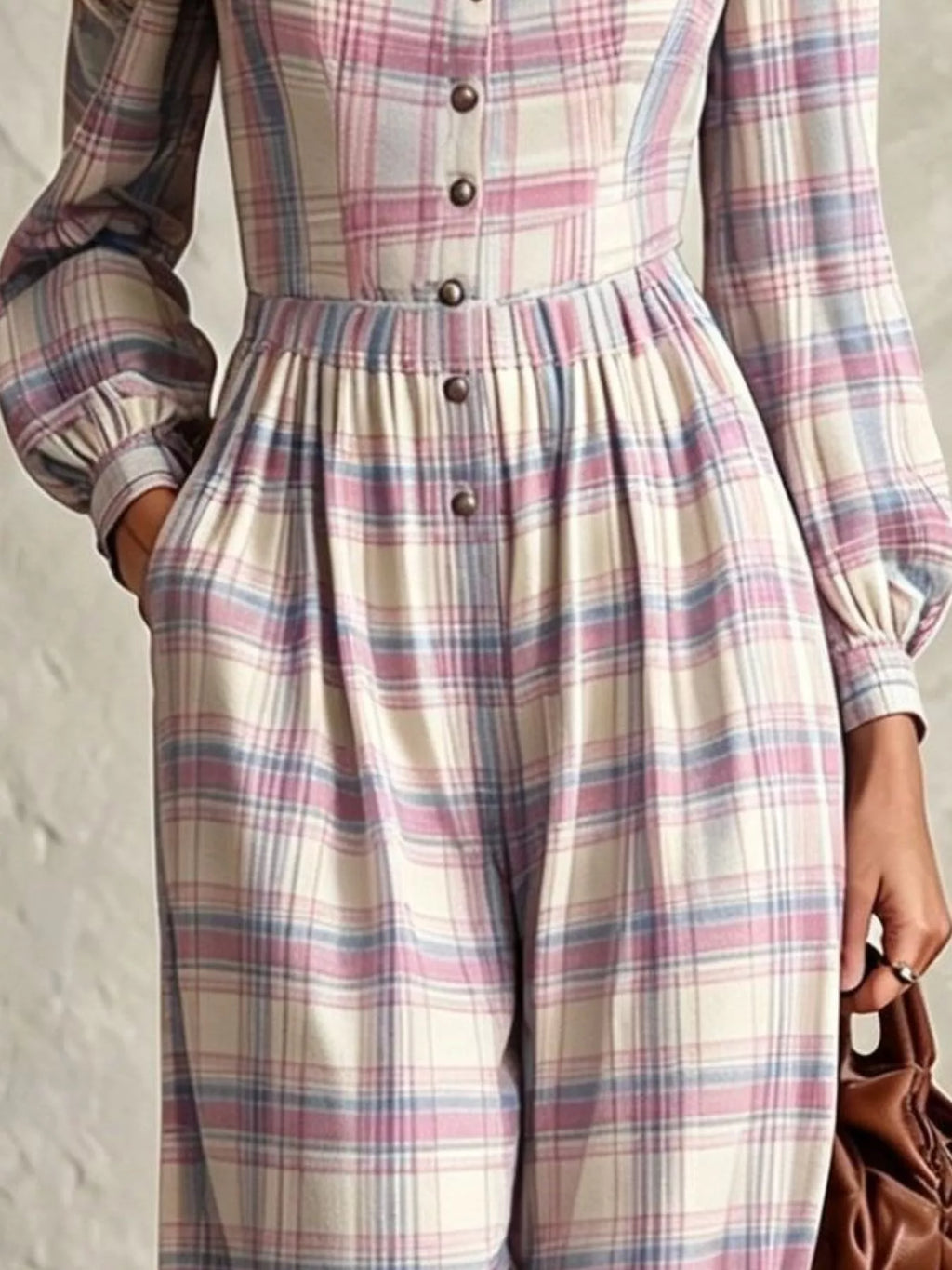 Women's Plaid Square Neck Long Sleeve Wide Leg Jumpsuit