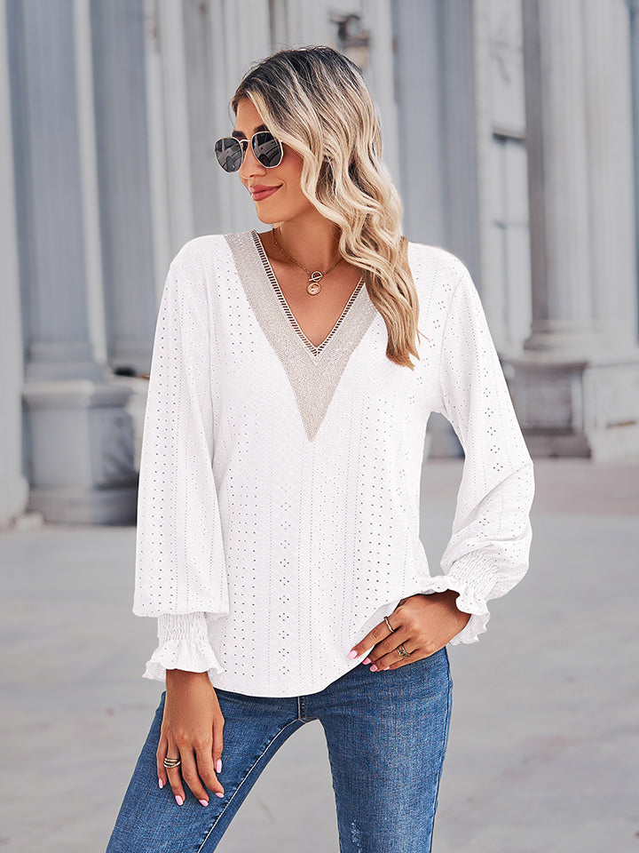 Women's V-Neck Eyelet Flounce Sleeve Blouse