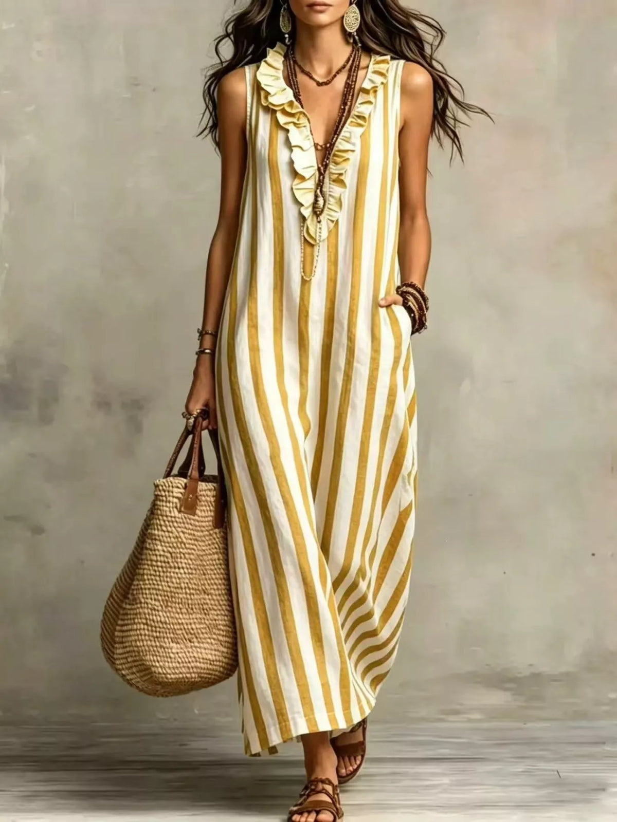 Full Size Sleeveless Striped Ruffle V-Neck Maxi Dress Plus Size