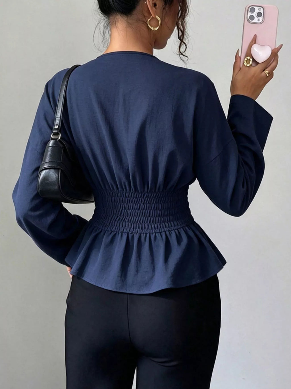 Women's Dark Blue Surplice Long Sleeve Wrap Blouse - Dark Blue