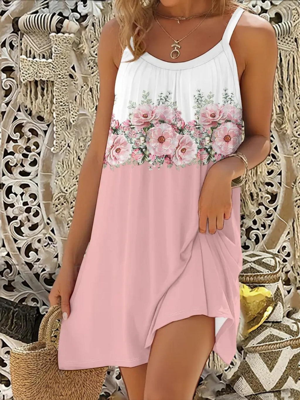 Plus Size Women's Floral Print Slip Dress , U Neck Adjustable Spaghetti Strap Loose Casual Summer Sundress