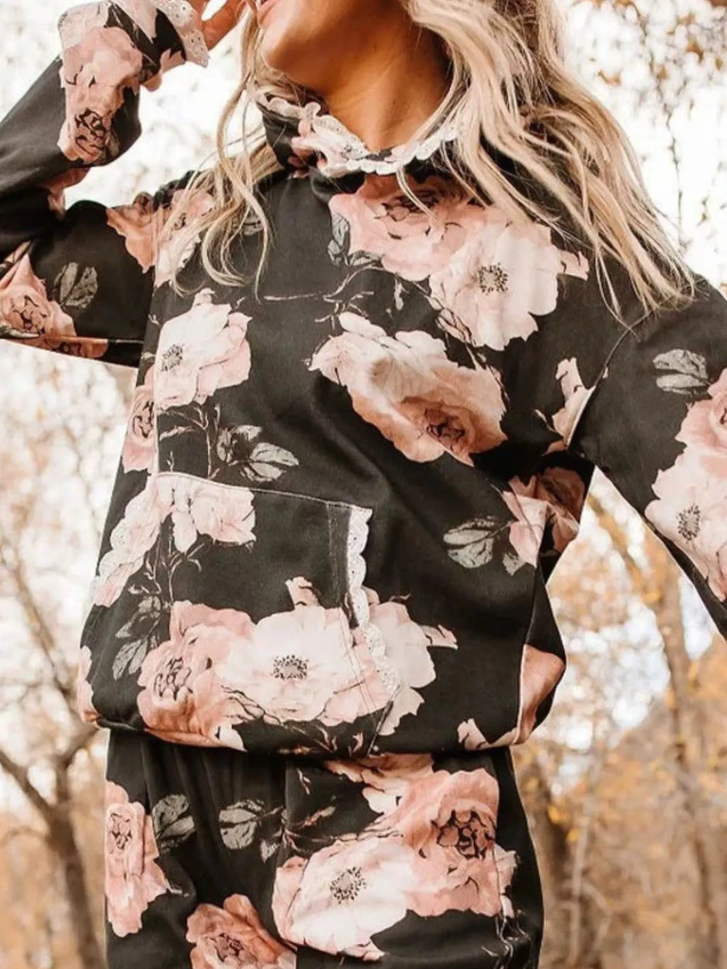 Women's Lace Trim Kangaroo Pocket Hoodie
