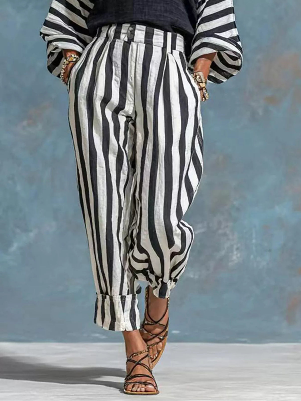 Women's Black Striped Long Sleeve Top and Pants Set - Black
