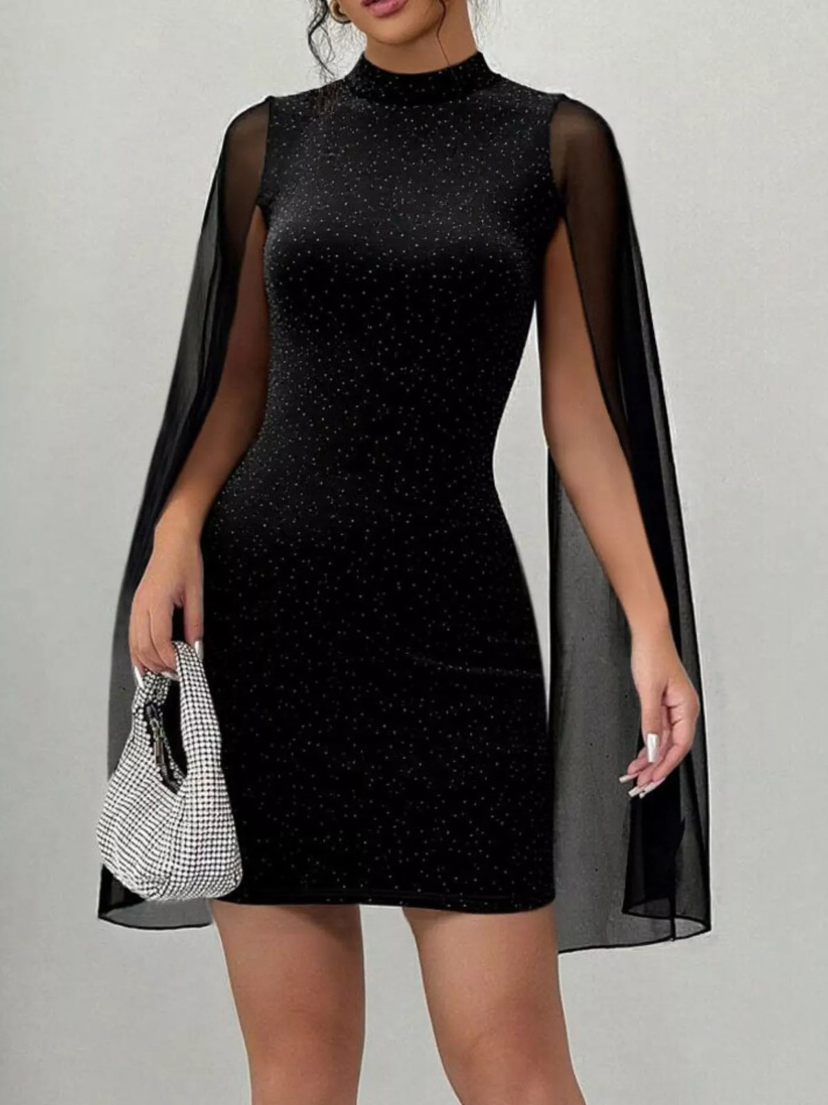 Women's Black Glitter Mesh Slit Sleeve Bodycon Mini Dress - Black