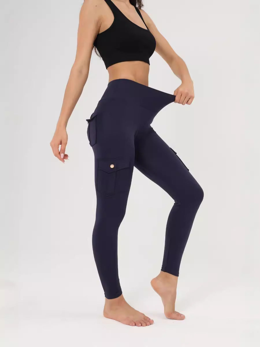 Women's Amazon Wish Cross-border Breathable Hip Lifting Button Pocket Sports Brushed Nude Yoga Slimming Tight Leggings