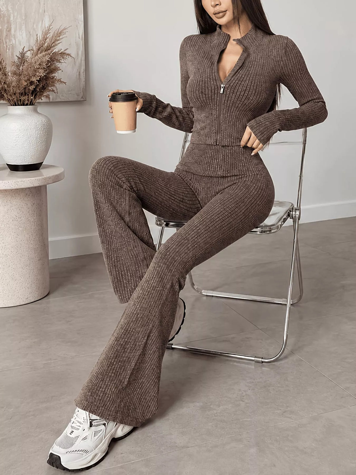 Women's Ribbed Zip-Up Cardigan and Pants Knit Set