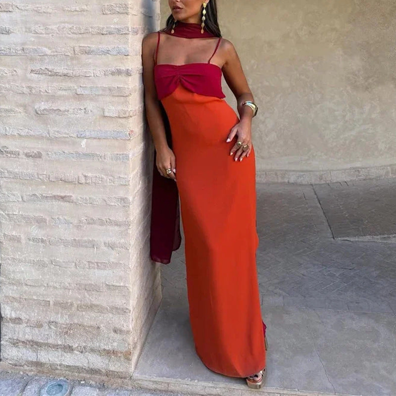 Women's Foreign Trade Women's Clothing Summer Dress Fashionable Color-Block Scarf Collar Slim Fit Bodycon Strap Dress