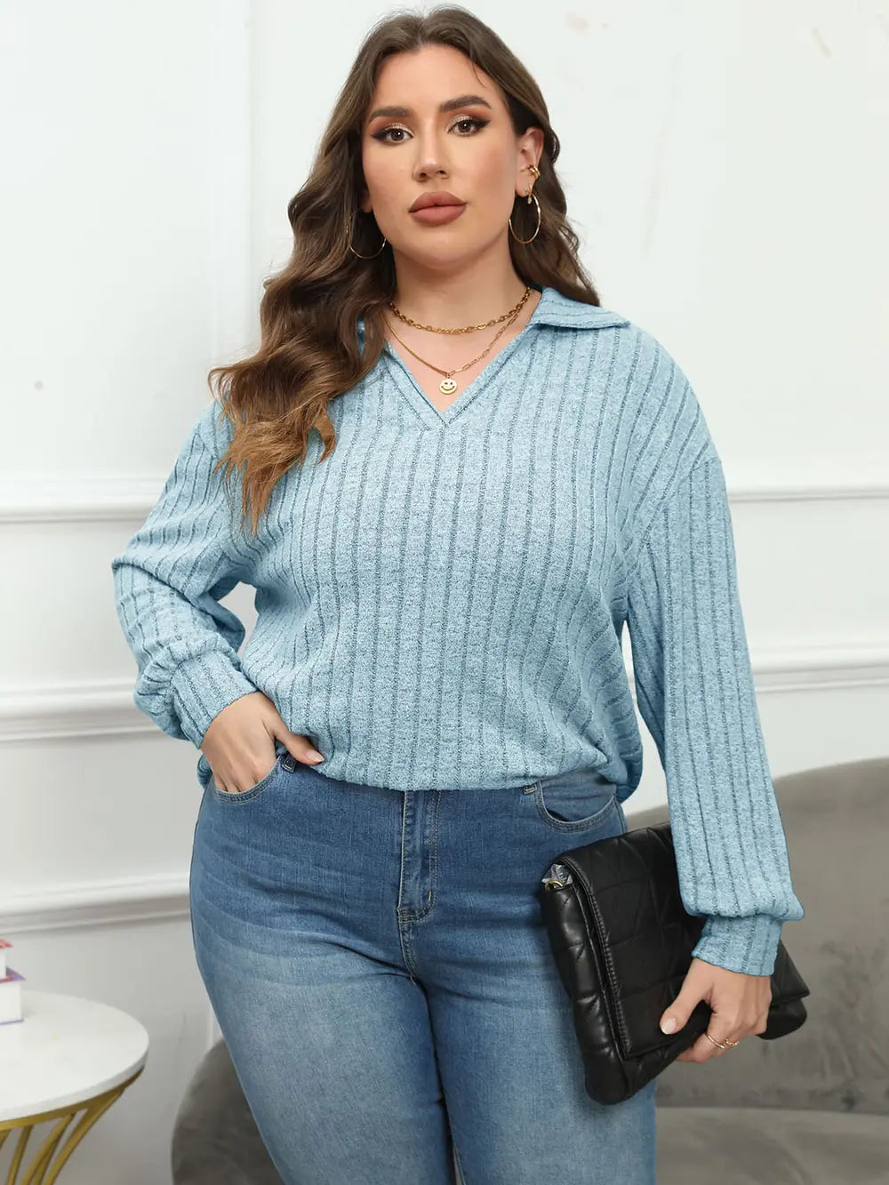 Women's Ribbed Collared Neck Long Sleeve Blouse, Plus Size
