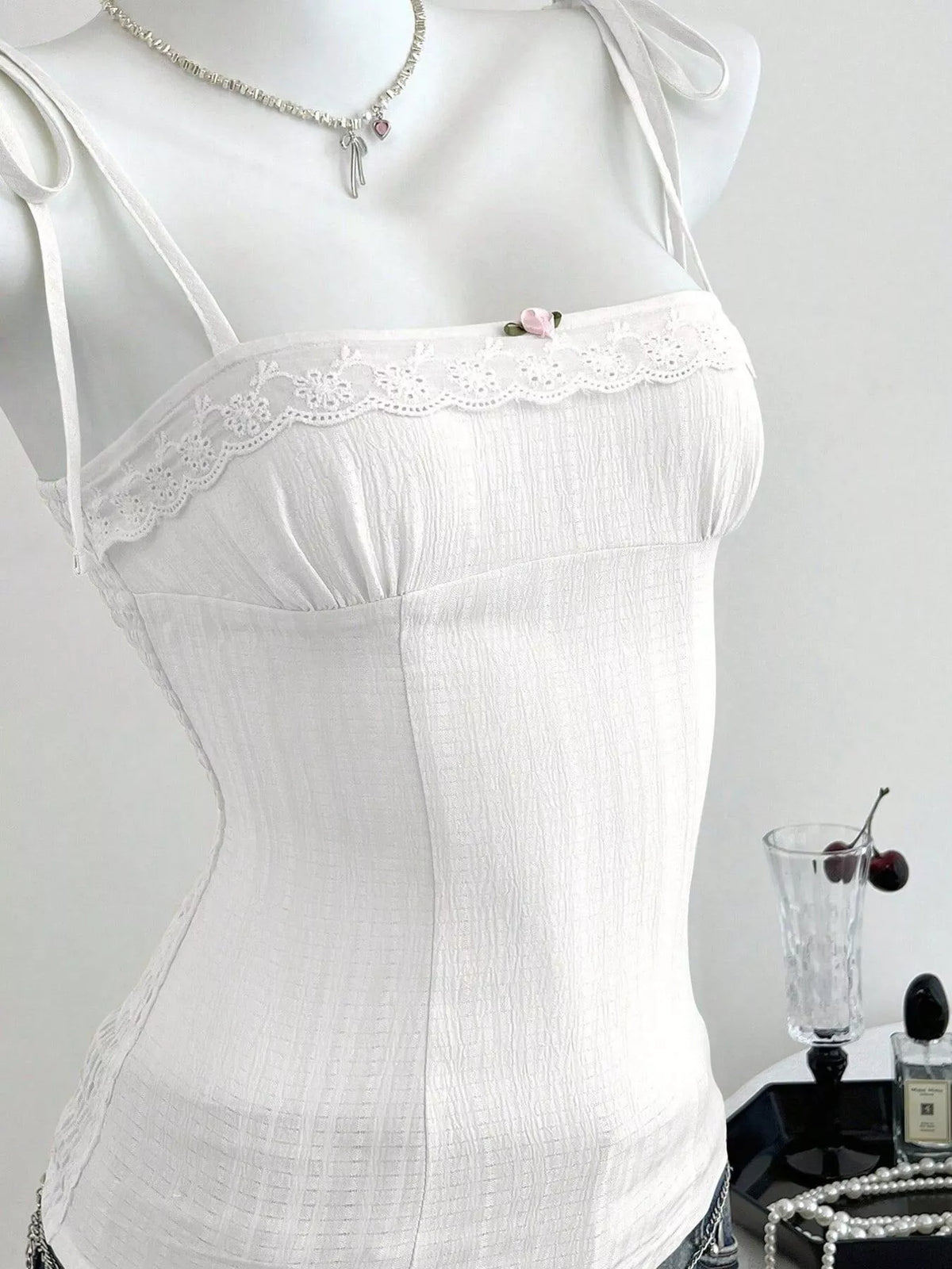 Lace-Trimmed Tie Shoulder Cami