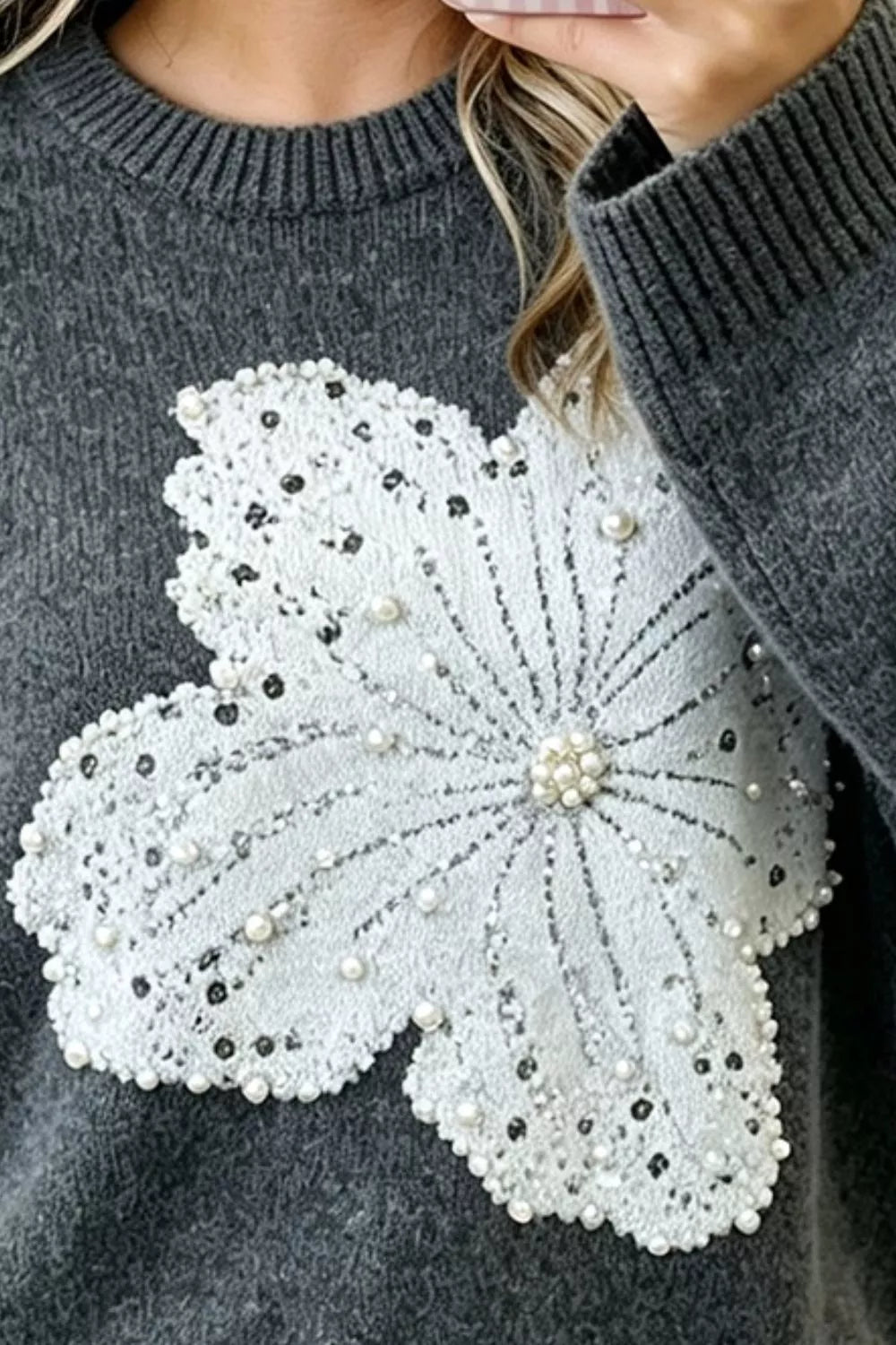 Women's Dark Gray Pearl Embellished Floral Dropped Shoulder Sweater - Dark Gray