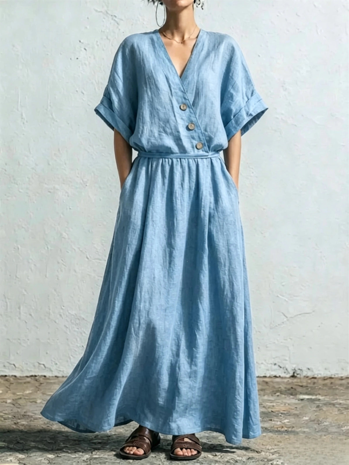 Women's Solid-Color Casual Loose V-Neck High-Waisted Dress