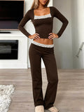 Women's Brown Long Sleeve Lace Trim Crop Top and Wide Leg Pants Set - Brown