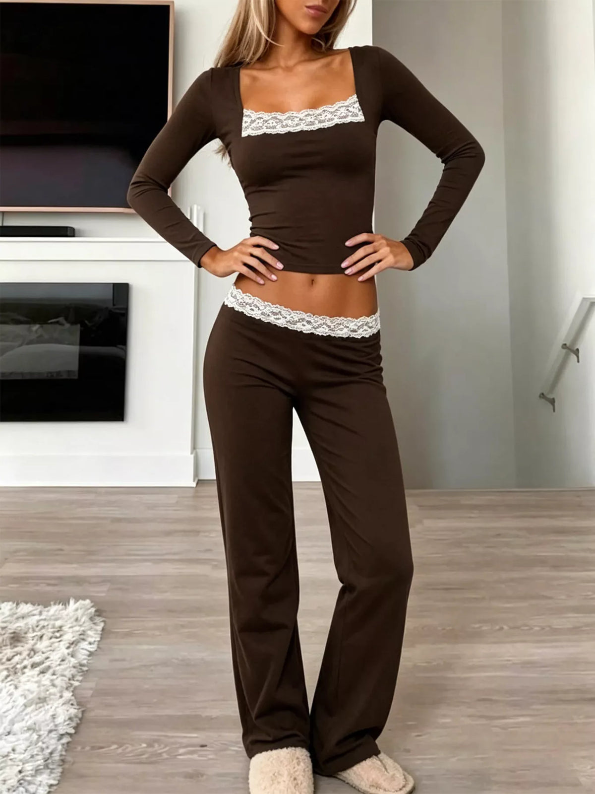 Women's Brown Long Sleeve Lace Trim Crop Top and Wide Leg Pants Set - Brown