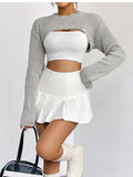 Women's Distressed Long Sleeve Cropped Sweater - Heather Gray