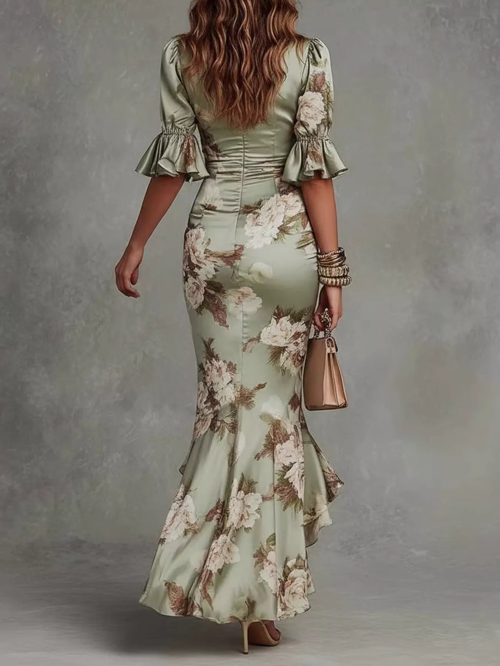 Women's Sage Floral Ruched High-Low Midi Dress - Sage