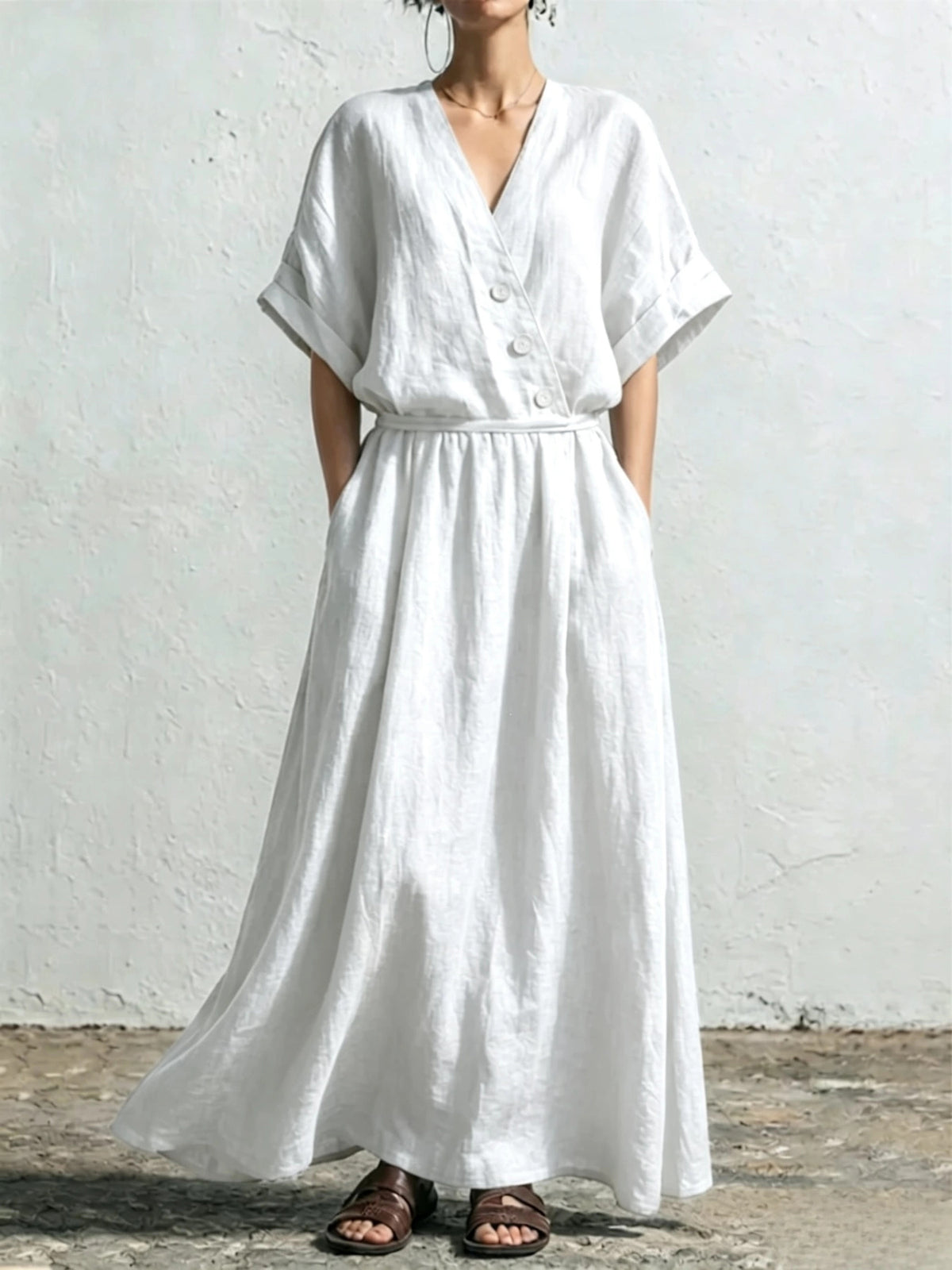 Women's Solid-Color Casual Loose V-Neck High-Waisted Dress