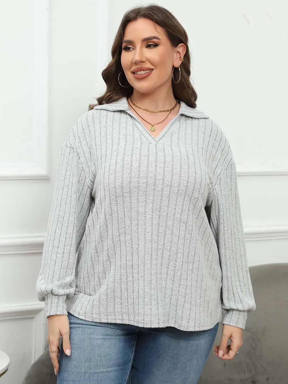Women's Ribbed Collared Neck Long Sleeve Blouse, Plus Size