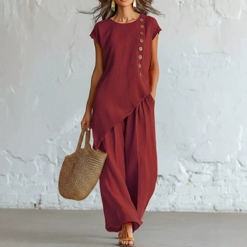 Women's Bohemian Beach Two Piece Set Round Neck Button Short Sleeve Top Wide Leg Trousers