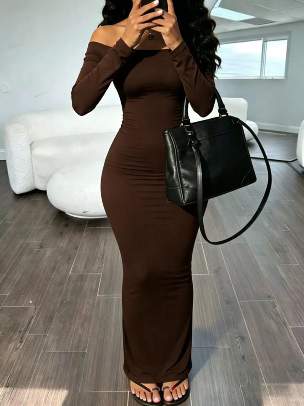 Women's Brown Off-Shoulder Bodycon Maxi Dress - Brown