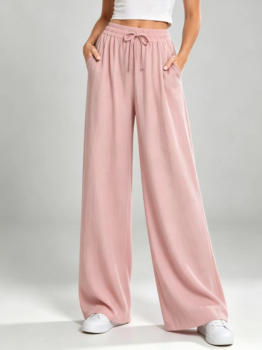 Women's New European And American Style Drawstring Elastic Waist Loose Casual Solid Color Drapey Straight Wide-leg Long Pants For Women