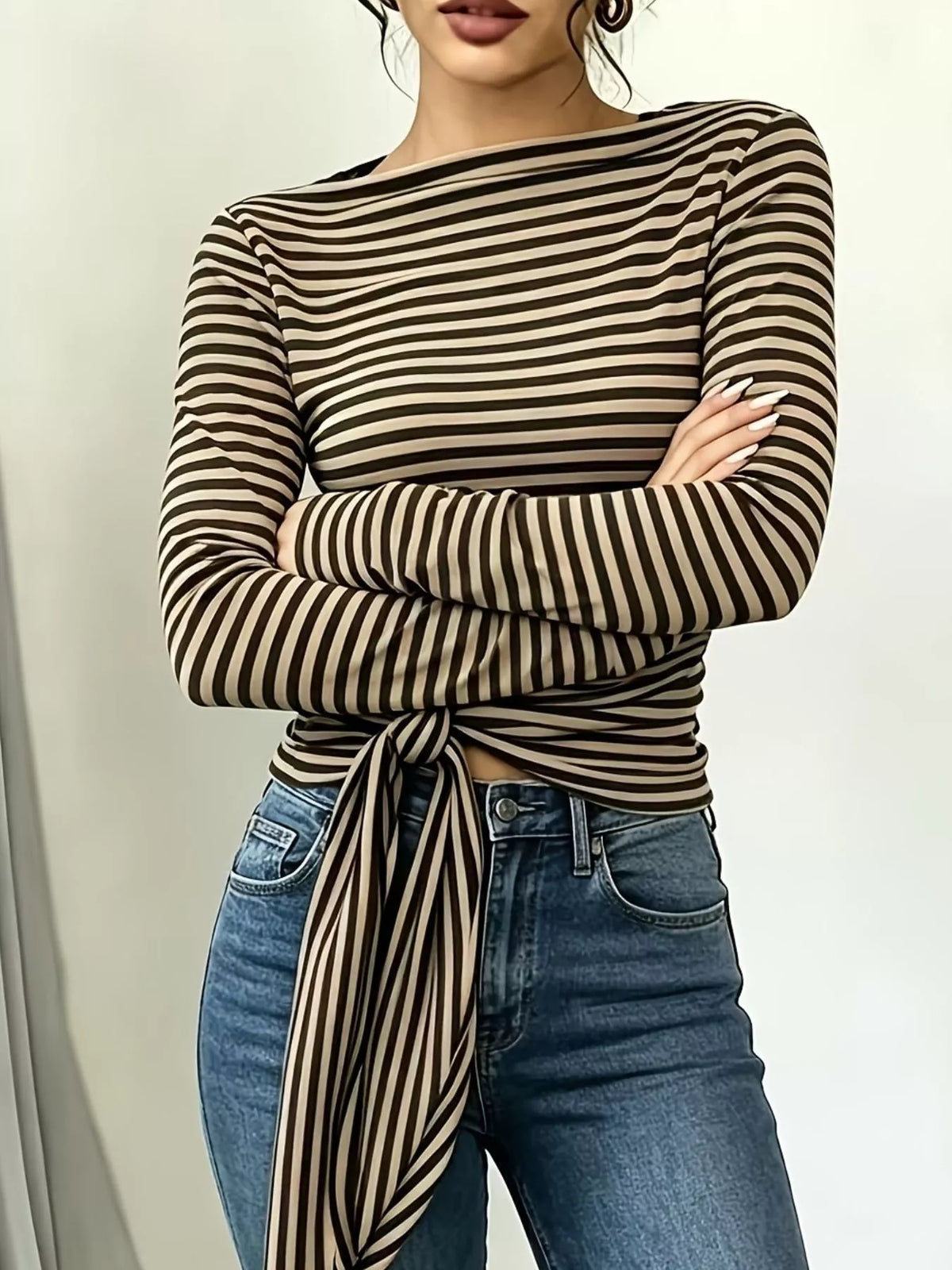 Women's Long Sleeve Striped T-Shirt with Front Tie Detail