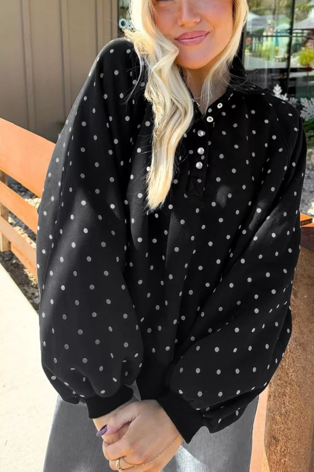 Women's Black Polka Dot Snap-Button Sweatshirt - Black