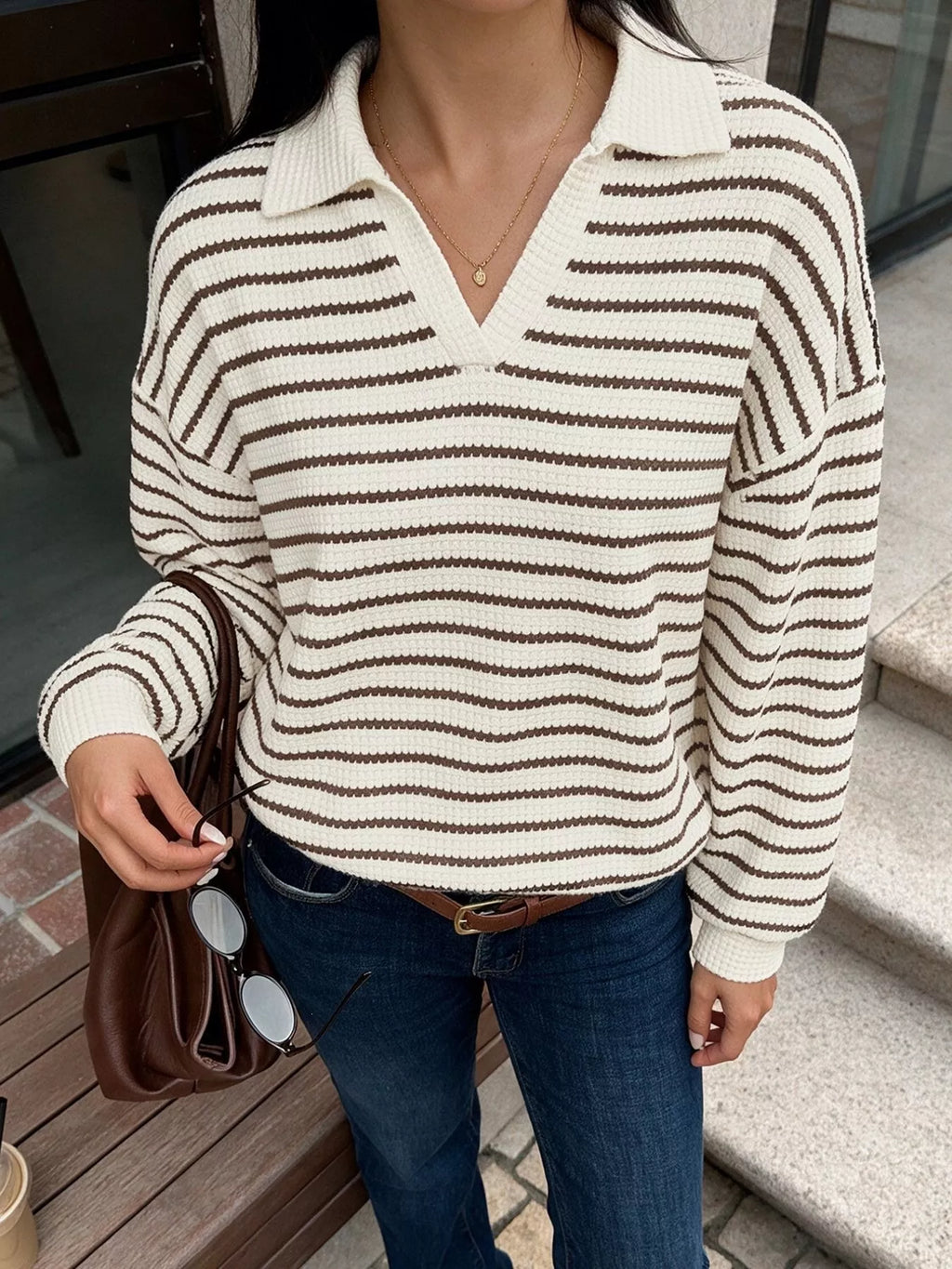 Striped Polo Collar Knit Sweatshirt