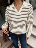 Striped Polo Collar Knit Sweatshirt