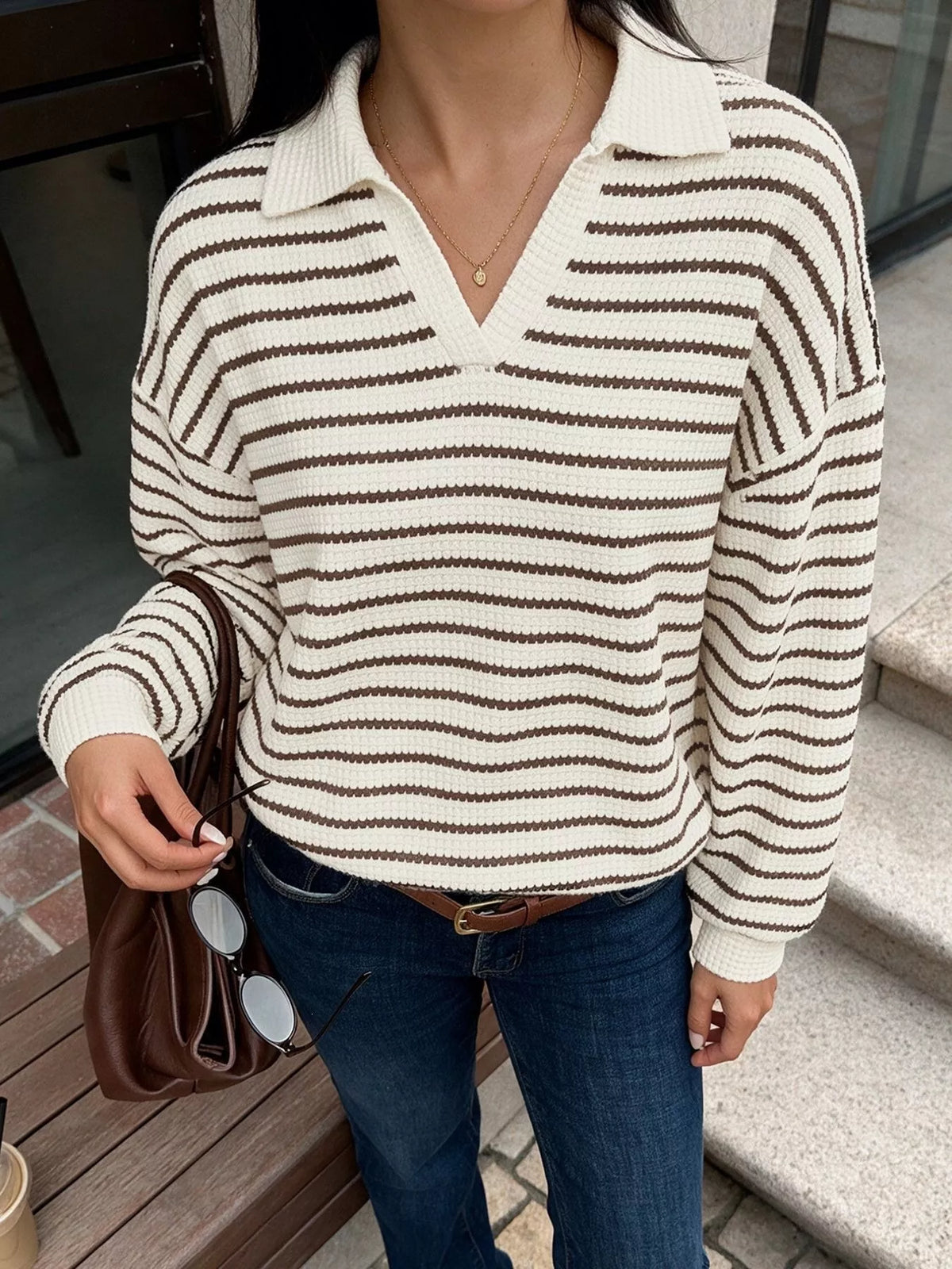 Striped Polo Collar Knit Sweatshirt