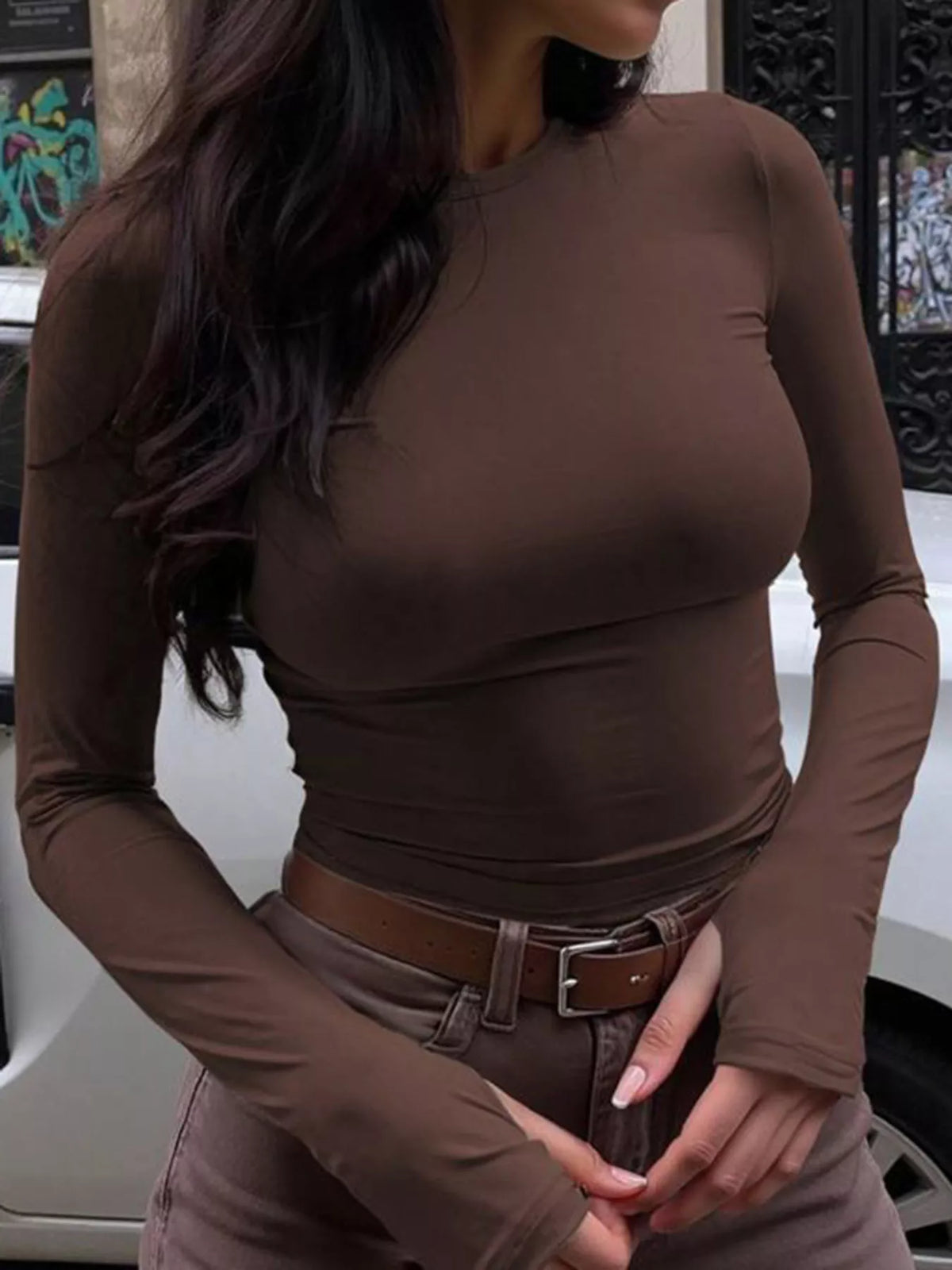 Women's Brown Slim Fit Long Sleeve Crew Neck Basic T-Shirt - Brown