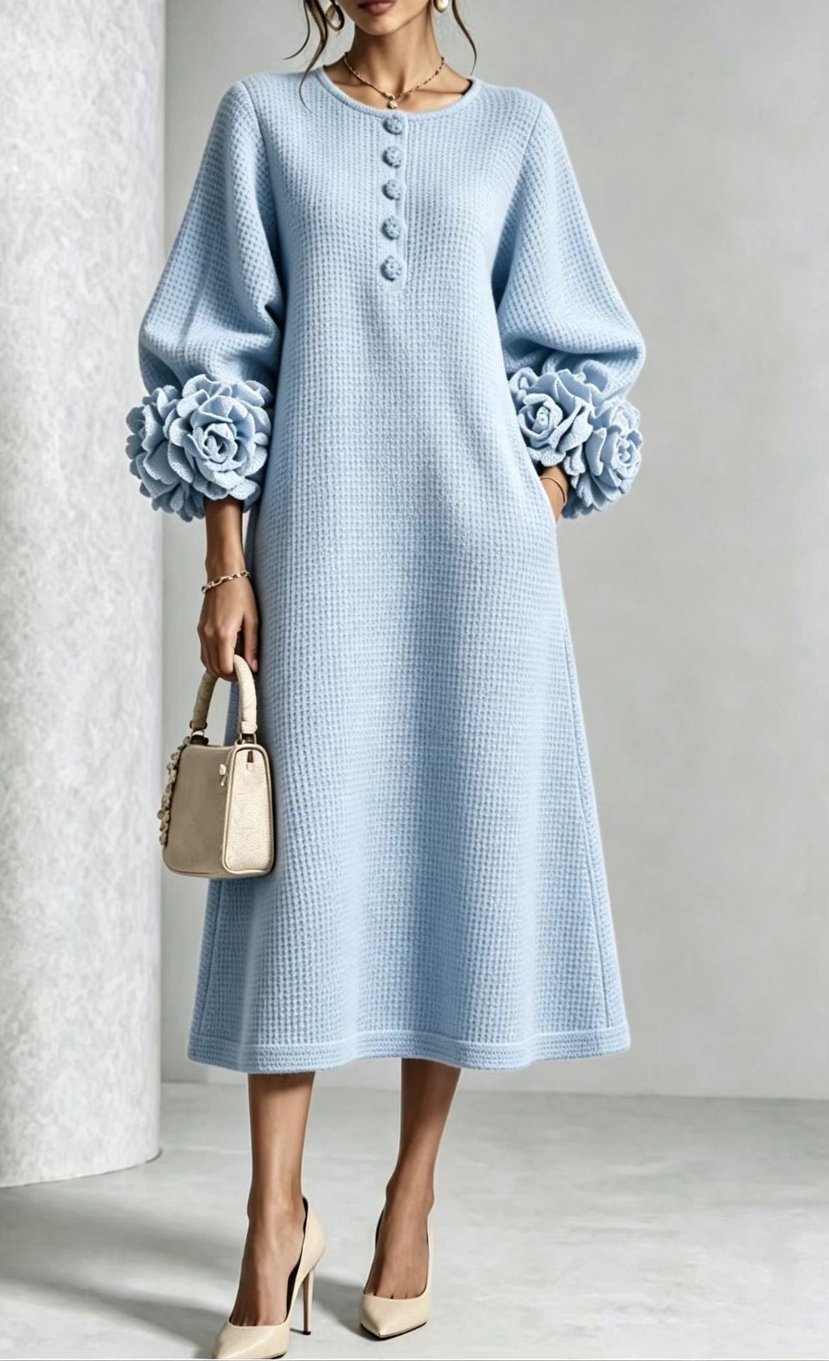 French-style Three-dimensional Floral Lantern-sleeve Cotton-linen Dress