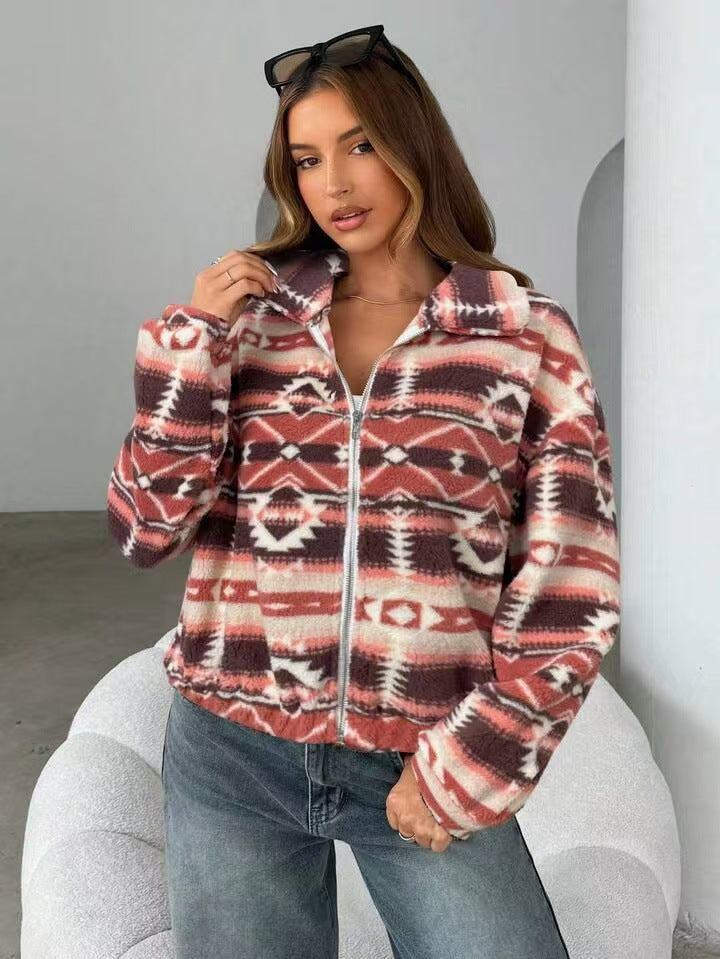 Womens Casual Printed Cardigan With A Lapel And Zipper