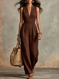 Women's Solid-Color Halter Neck V-Neck Slim-Fit Jumpsuit