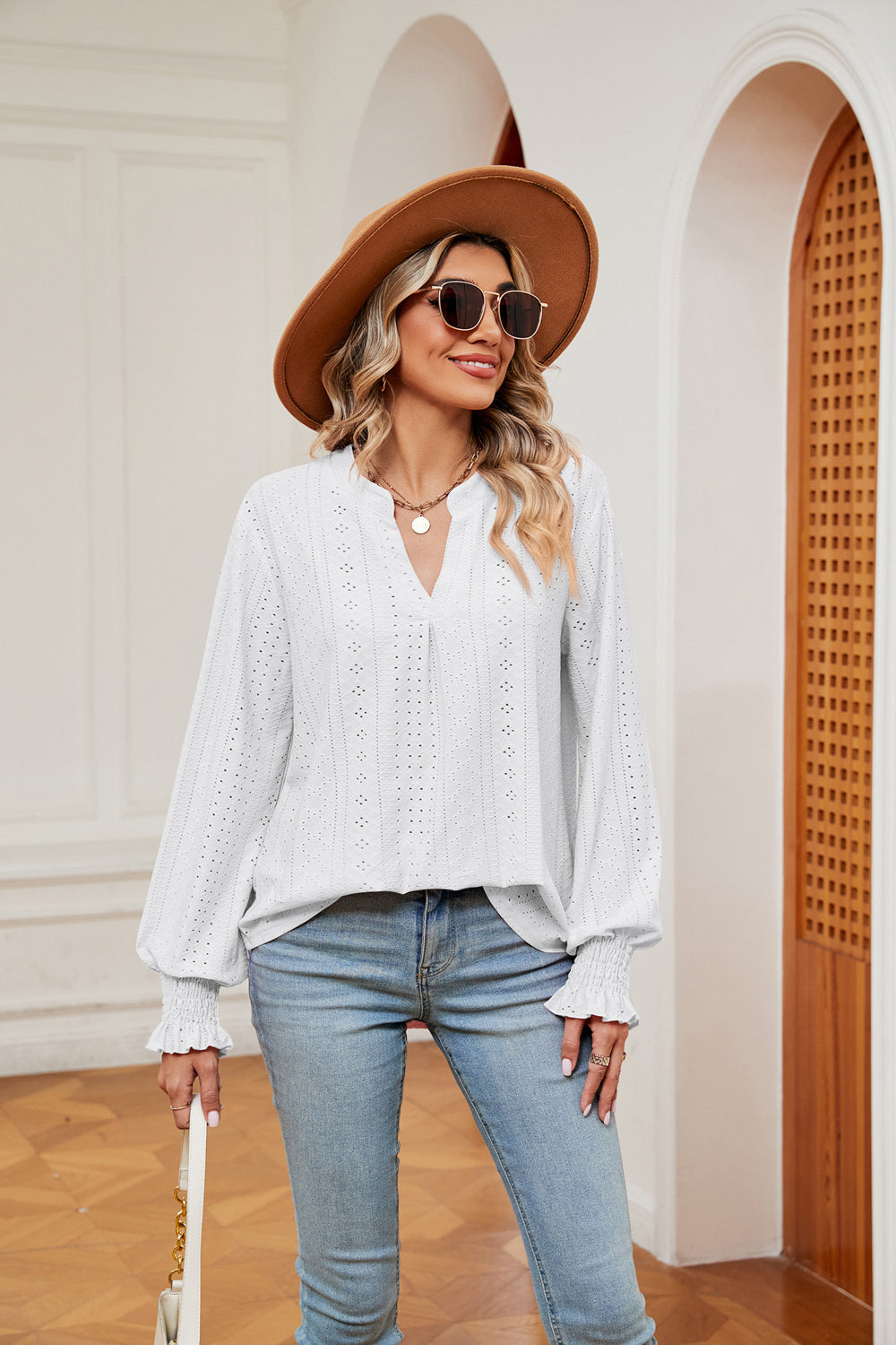 Women's Notched Neck Flounce Sleeve Blouse