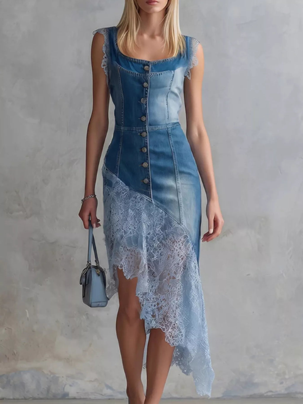 Women's Blue Sleeveless Patchwork Denim Dress with Asymmetric Lace Hem - Blue