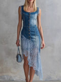 Women's Blue Sleeveless Patchwork Denim Dress with Asymmetric Lace Hem - Blue