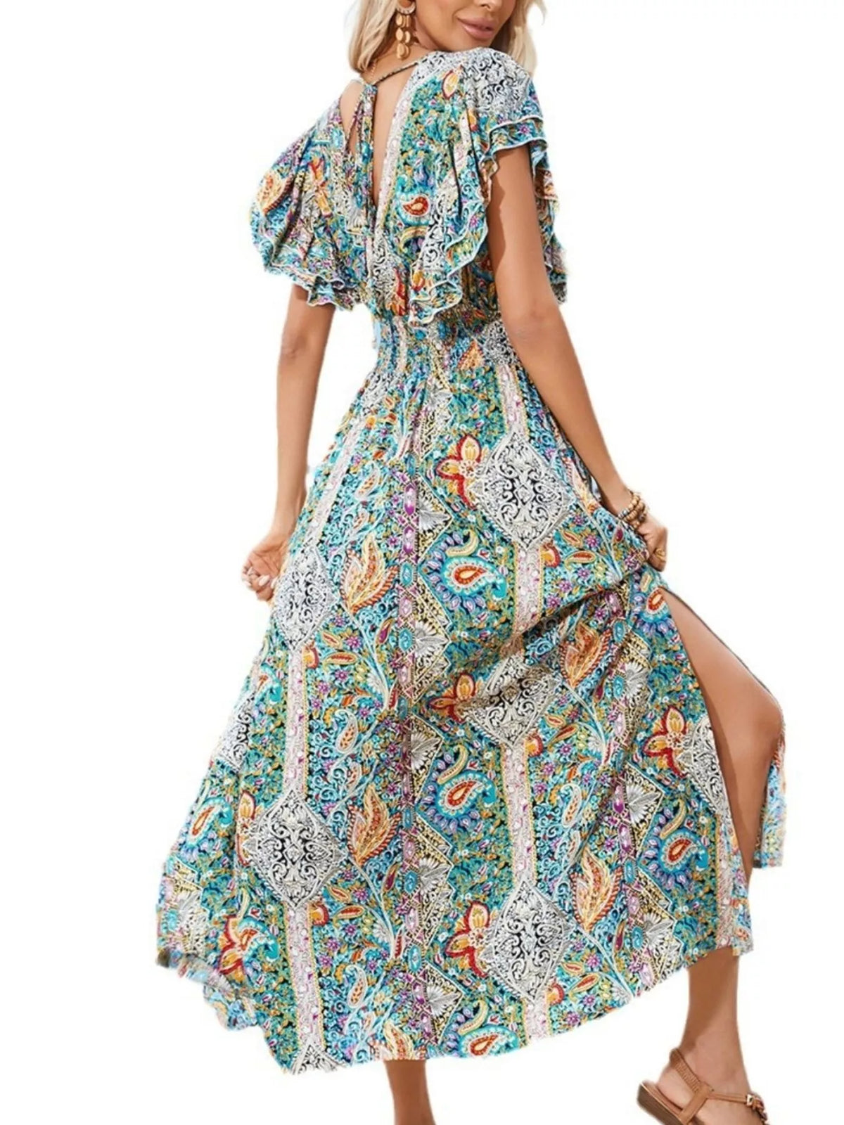 Women's Multicolor Paisley Print Flutter Sleeve Smocked Maxi Dress - Multicolor