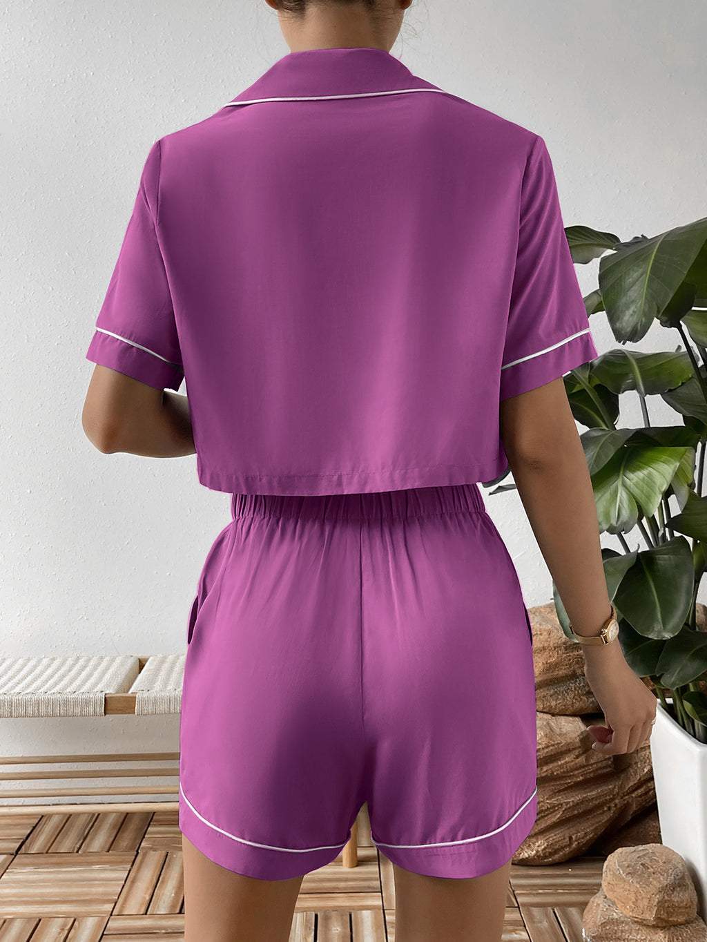 Women's Contrast Lapel Collar Cropped Shirt and Shorts Lounge Set