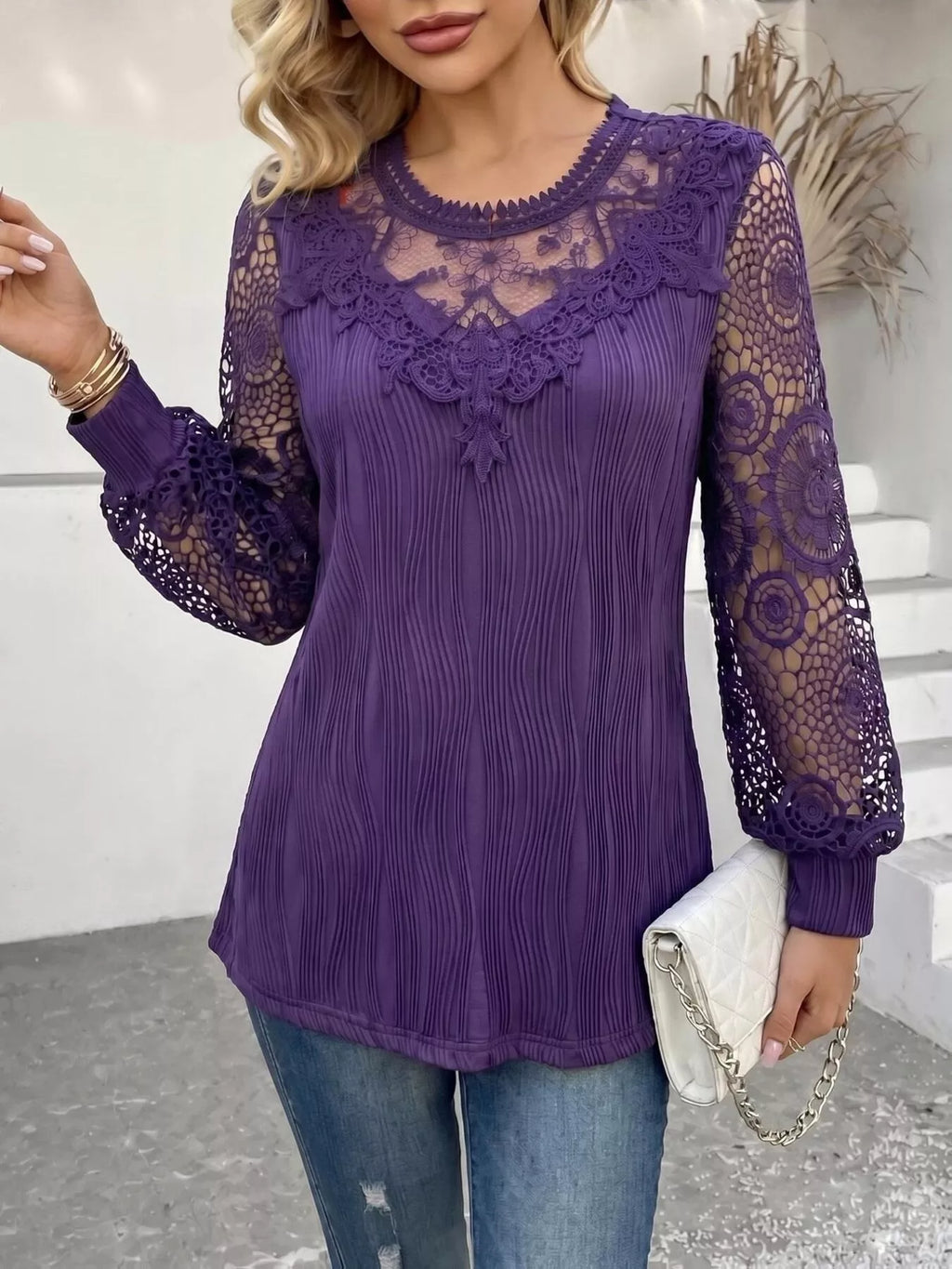 Women's Lace Patchwork Long Sleeve Blouse