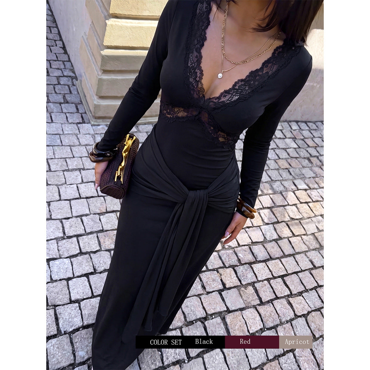 Women's Solid-Color Lace Deep-V Long-Sleeve Spliced Bandage Dress