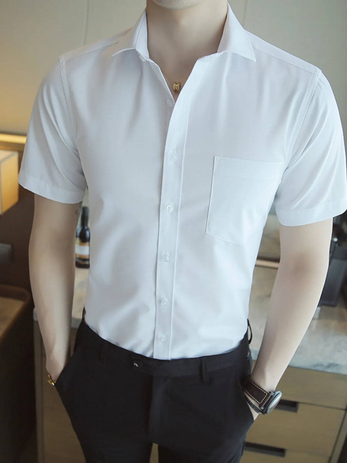 Men's Short Sleeve Solid Color Slim Fit Casual Shirt