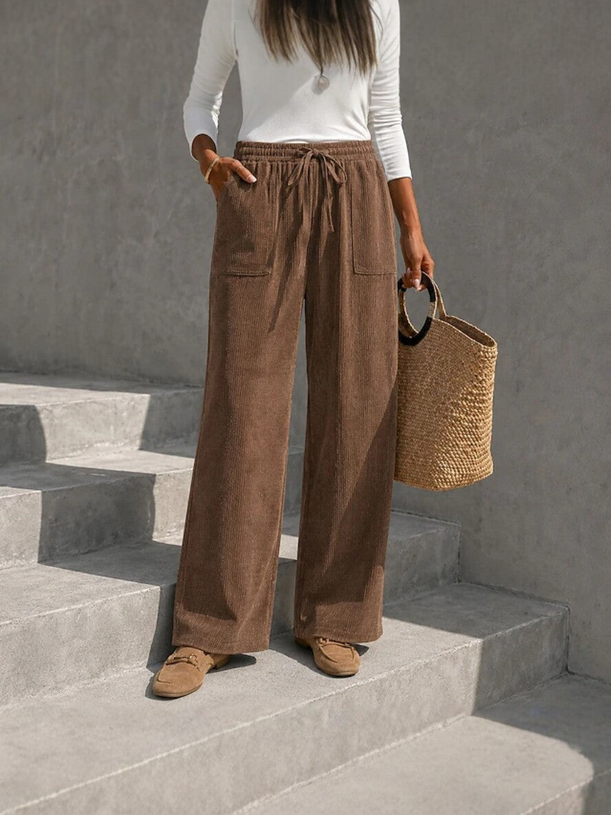 Autumn Winter Women's Corduroy Wide Leg Pants With Elastic Waist And Drawstring, Loose Casual Long Pants