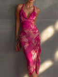 Women's Rose Red Floral Print Halter Neck Ruched Midi Dress - Rose Red