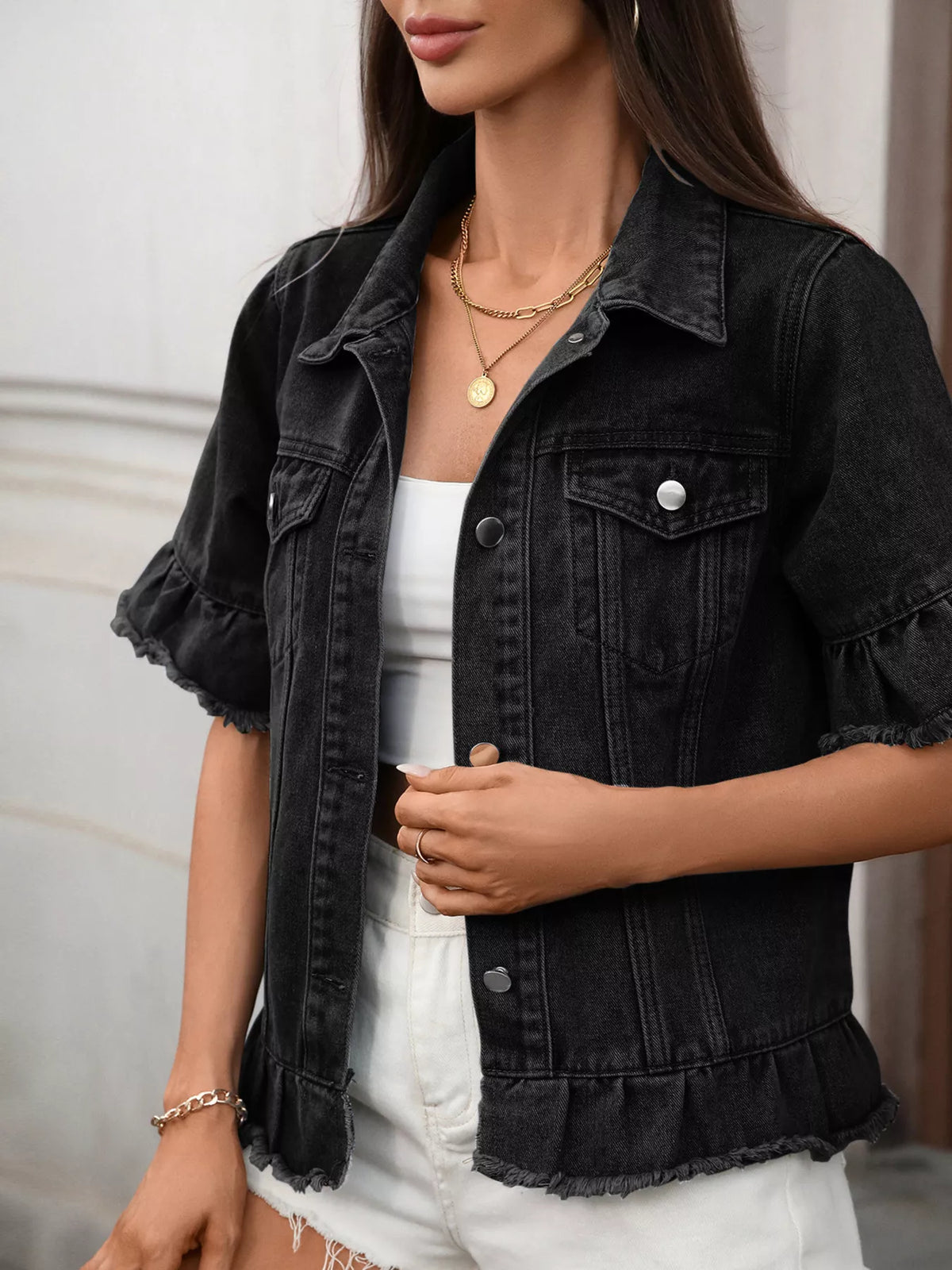 Women's Raw Hem Button Up Denim Jacket
