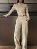 Women's Zip-Up Crop Jacket and Wide-Leg Pants Set - Apricot