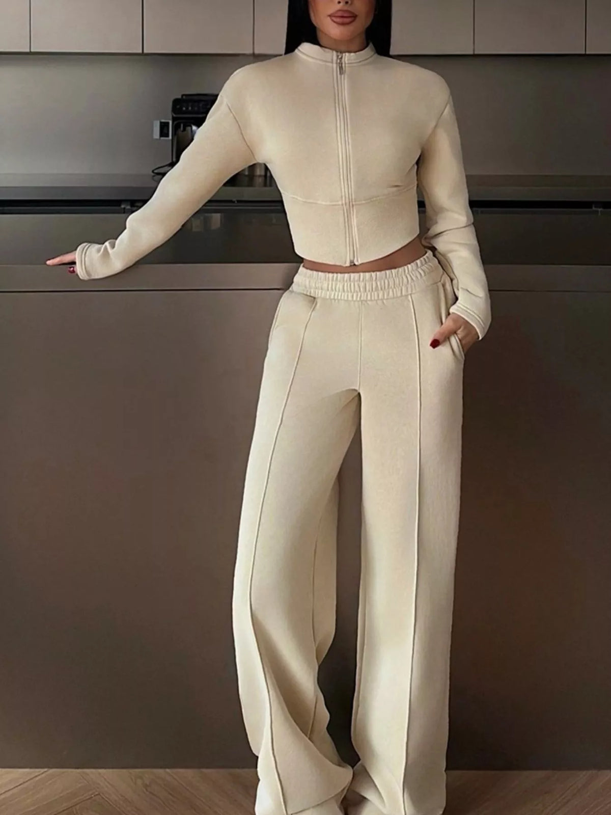 Women's Zip-Up Crop Jacket and Wide-Leg Pants Set - Apricot
