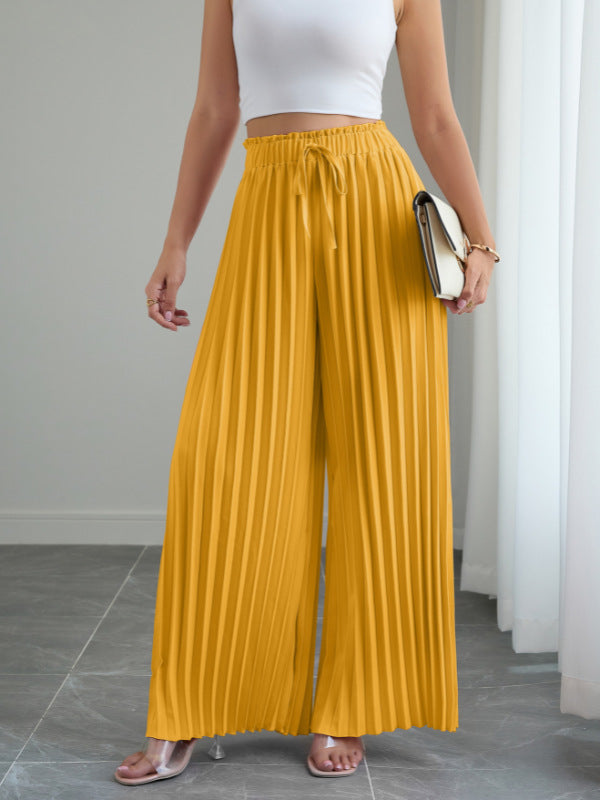 Spring And Summer Women's New Trousers Pure Color Pleated Elastic Waist Lace-Up Loose Wide-Leg Pants