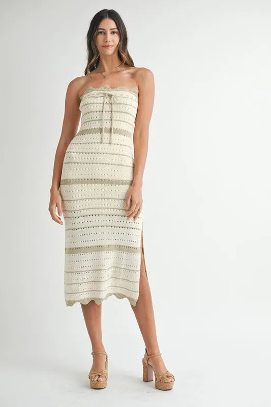 Women's LT TAUPE Contrast Striped Crochet Knit Midi Dress - LT TAUPE