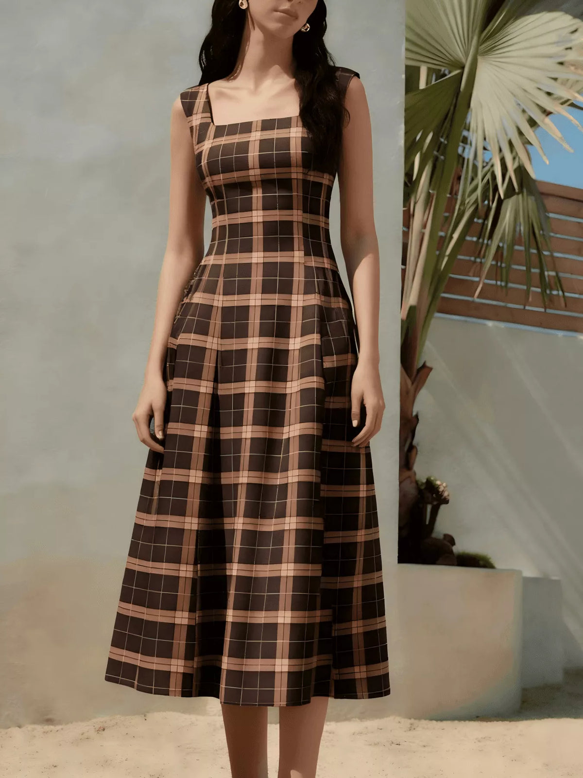 Women's Brown Square Neck Plaid Midi Dress - Brown