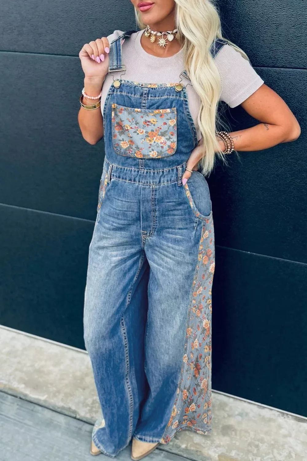 Women's Dusty Blue Vintage Rose Printed Pleated Loose Denim Overall - Dusty Blue